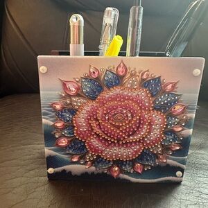 Decorative Floral Pen Holder with Pink and Blue Design